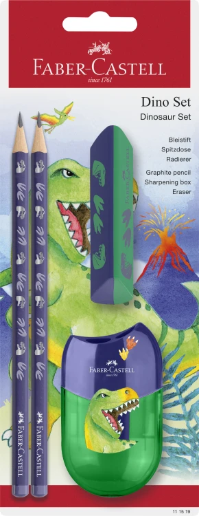 ZESTAW SZKOLNY DINOZAURY 2 X OŁÓWEK +TEMPERÓWKA + GUMKA BLISTER FABER-CASTELL