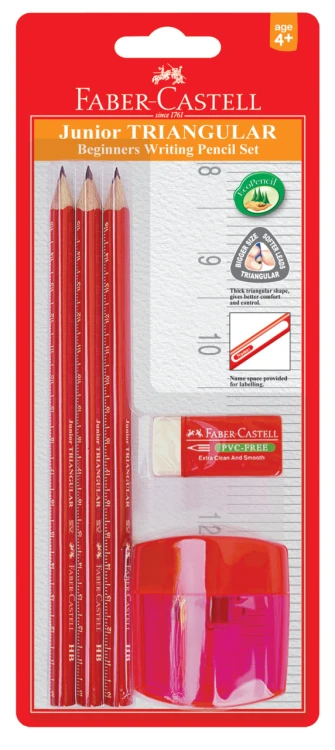 ZESTAW 3xOŁÓWEK TRÓJKĄTNY JUNIOR GRIP+TEMPERÓWKA PODWÓJNA+GUMKA PVC FREE BLISTER FABER-CASTELL