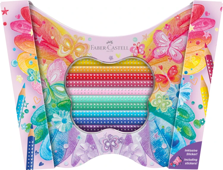KREDKI OŁÓWKOWE SPARKLE W OPAKOWANIU UPOMINKOWYM BUTTERFLY FABER-CASTELL