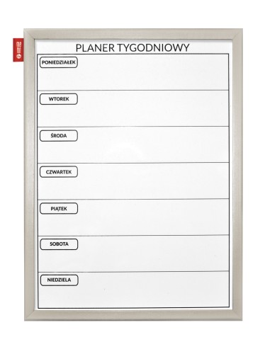 Tablica planer MEMOBE, tygodniowy, nadruk w kolorze czarnym, rama drewniana lakierowana srebrna, 40x30 cm
