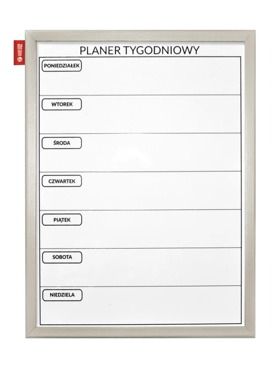 Tablica planer MEMOBE, tygodniowy, nadruk w kolorze czarnym, rama drewniana lakierowana srebrna, 40x30 cm