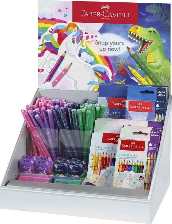 DISPLAY EDYCJA JEDNOROŻEC I DINOZAURY (96 X OŁÓWEK STANDARDOWY, 48 X JUMBO, 28 X GUMKA, 8 X TEMPERÓWKA, 6 X KREDKI GRIP