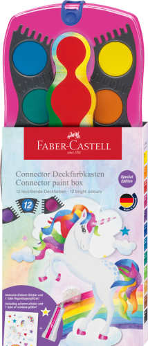 FARBY SZKOLNE CONNECTOR EDYCJA JEDNOROŻEC 12 KOL. + BROKAT W ŻELU + NAKLEJKI, RÓŻOWA KASETKA FABER-CASTELL