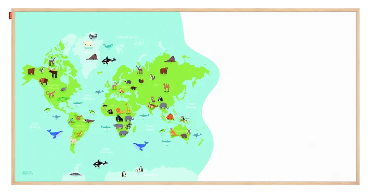 Tablica edukacyjna MemoBe, WHITEBOARDGAME: Animal adventure!, nadruk MAPA ŚWIATA ZE ZWIERZĘTAMI, wersja PL, rama drewnia