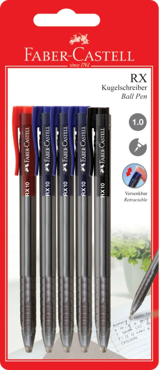 Długopis RX10 CZERWONY+CZARNY+3X niebieski blister Faber-Castell