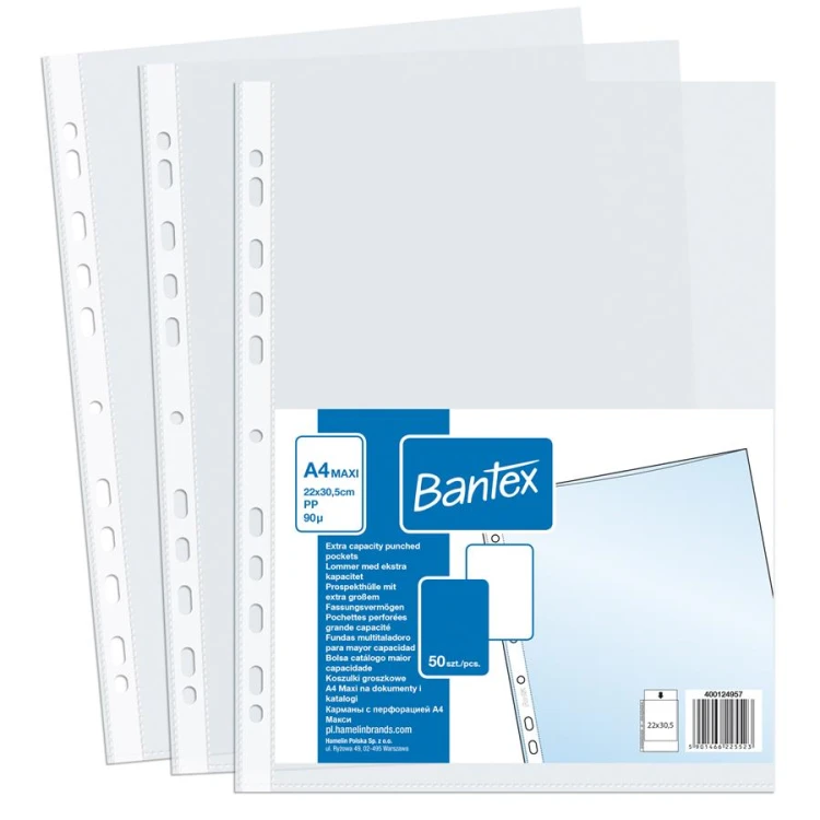 Koszulki groszkowe Maxi A4 , PP 90 mic., 50 szt. w folii Bantex