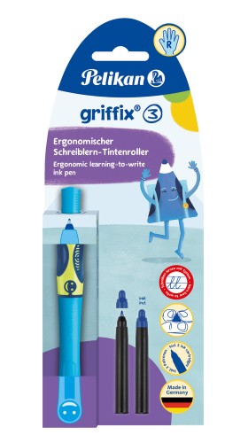 Pióro kulkowe PELIKAN GRIFFIX dla praworęcznych NEON FRESH BLUE blister   2 wkłady