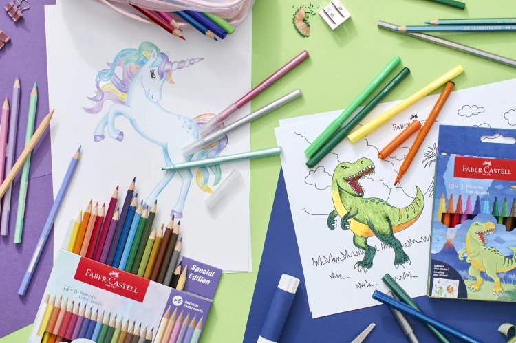 Flamastry zamek edycja dinozaury 18 kol.standardowych + 3 kol. metaliczne + 3 kol. neonowe + naklejki Faber-Castell – zdjęcie 3