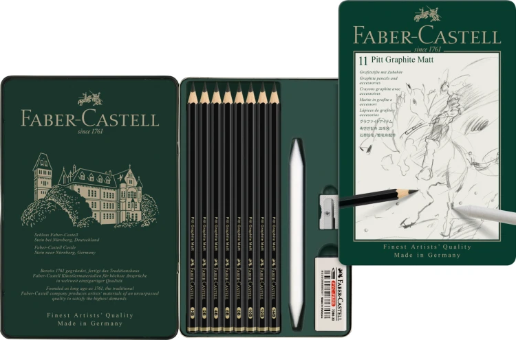 Ołówek artystyczny pitt graphite matt 8 szt. + akcesoria opakowanie metalowe Faber-Castell – zdjęcie 2