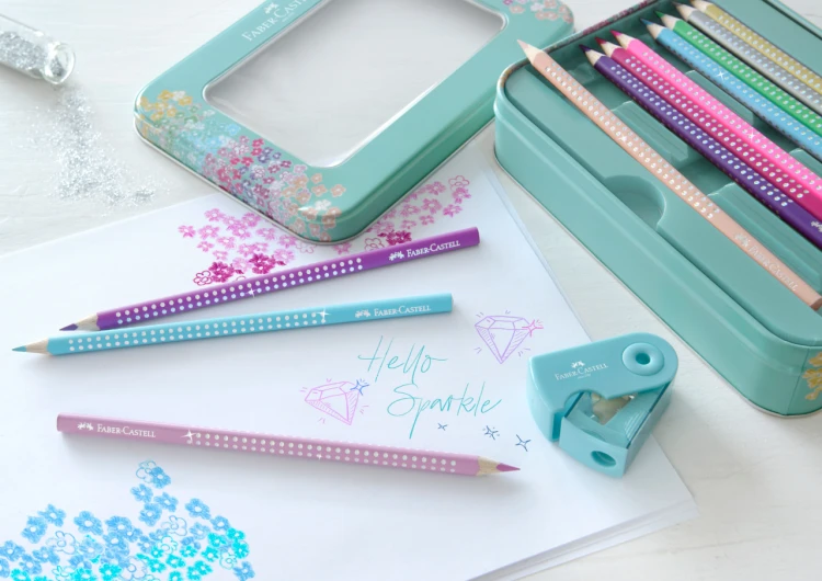 Kredki ołówkowe sparkle+akcesoria zestaw w metalowym opakowaniu upominkowym Faber-Castell – zdjęcie 4