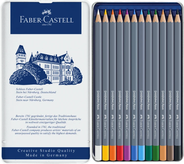 Kredki akwarelowe goldfaber aqua 12 kol. opak. metalowe Faber-Castell – zdjęcie 2