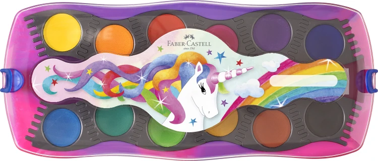 Farby szkolne connector edycja jenorożec 12 kol. + naklejki kasetka Faber-Castell – zdjęcie 2