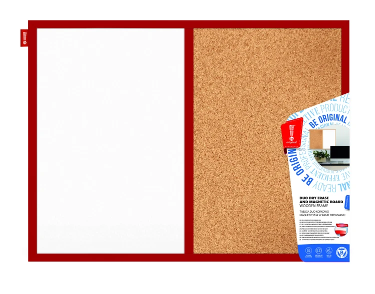 Tablica DUO MEMOBE korkowo-suchościeralna magnetyczna biała, rama drewniana lakierowana czerwona, 60x40 cm – zdjęcie 2