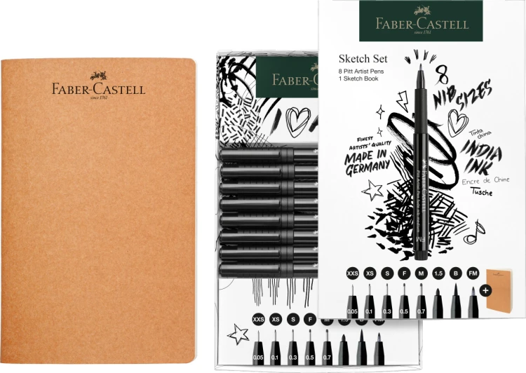 Zestaw pitt artist pen black końcówki xxs, xs, s, f, m, b, 1.5, fm 8 szt. + szkicownik Faber-Castell – zdjęcie 2