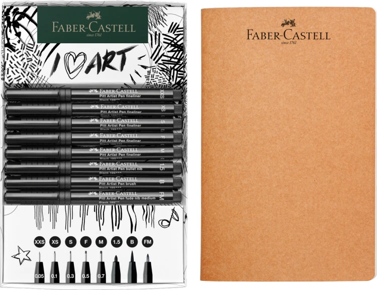 Zestaw pitt artist pen black końcówki xxs, xs, s, f, m, b, 1.5, fm 8 szt. + szkicownik Faber-Castell – zdjęcie 3