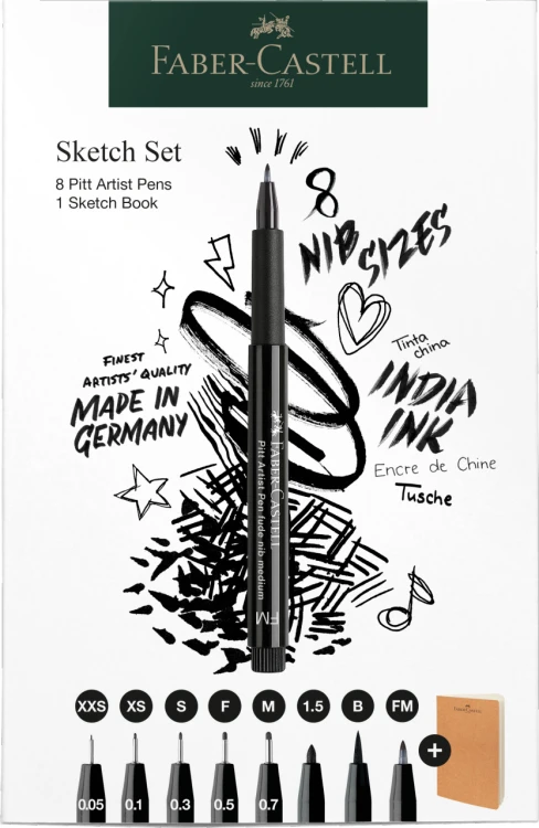 Zestaw pitt artist pen black końcówki xxs, xs, s, f, m, b, 1.5, fm 8 szt. + szkicownik Faber-Castell – zdjęcie 4