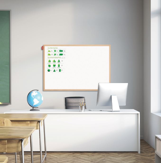 Tablica edukacyjna MEMOBE, such-mag biała, figury geometryczne, rama drewniana, 150x100 cm – zdjęcie 2