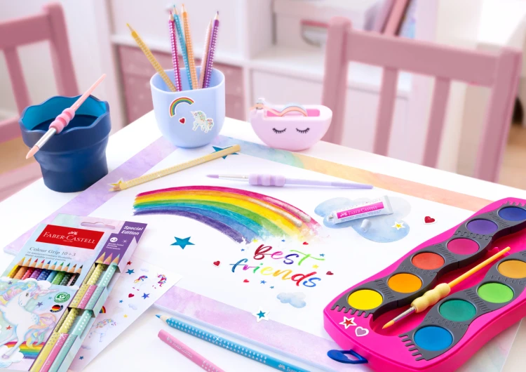 Farby szkolne connector edycja jednorożec 12 kol. + brokat w żelu + naklejki, różowa kasetka Faber-Castell – zdjęcie 3