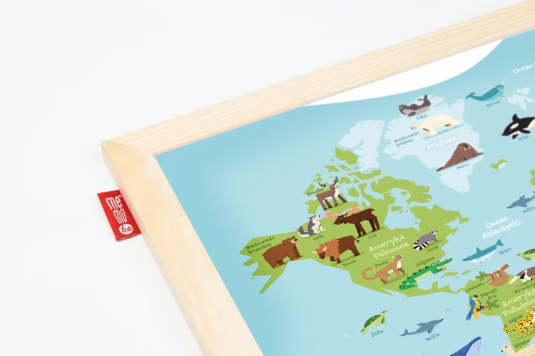Tablica edukacyjna MemoBe, WHITEBOARDGAME: Animal adventure!, nadruk MAPA ŚWIATA ZE ZWIERZĘTAMI, wersja PL, rama drewnia – zdjęcie 3