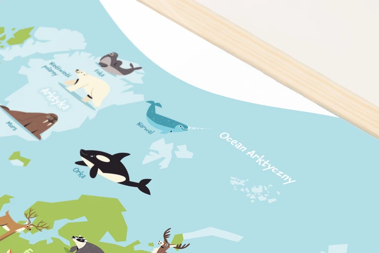 Tablica edukacyjna MemoBe, WHITEBOARDGAME: Animal adventure!, nadruk MAPA ŚWIATA ZE ZWIERZĘTAMI, wersja PL, rama drewnia – zdjęcie 2