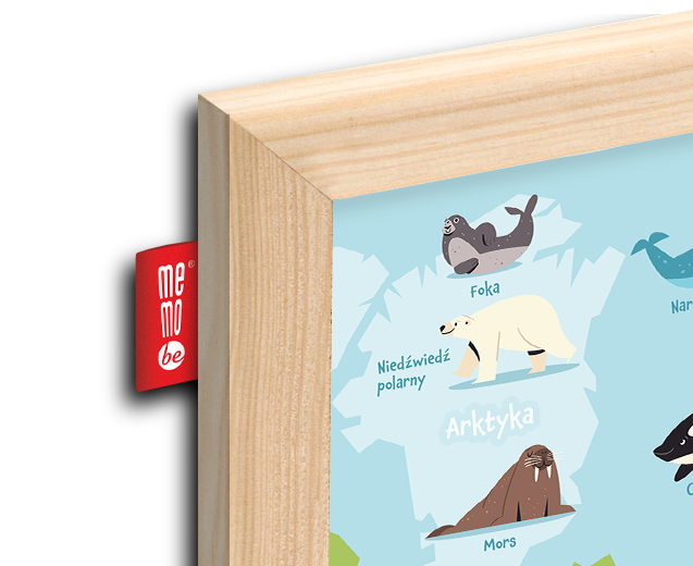 Tablica edukacyjna MemoBe, WHITEBOARDGAME: Animal adventure!, nadruk MAPA ŚWIATA ZE ZWIERZĘTAMI, wersja PL, rama drewnia – zdjęcie 4