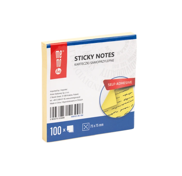 Karteczki samoprzylepne MemoBe, kolor żółty, 100 kart., 75x75 mm – zdjęcie 2