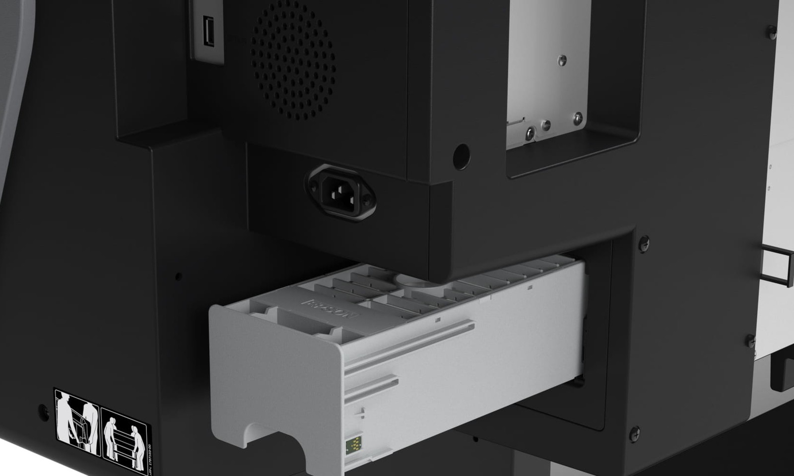 Pojemnik na zużyty atrament wysunięty z plotera Epson SureColor
